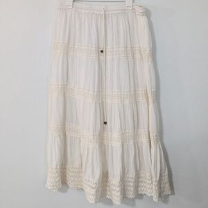 Vintage Y2K Tiered Lace Trim Maxi Skirt Drawstring Waist Ivory Beige Large XL